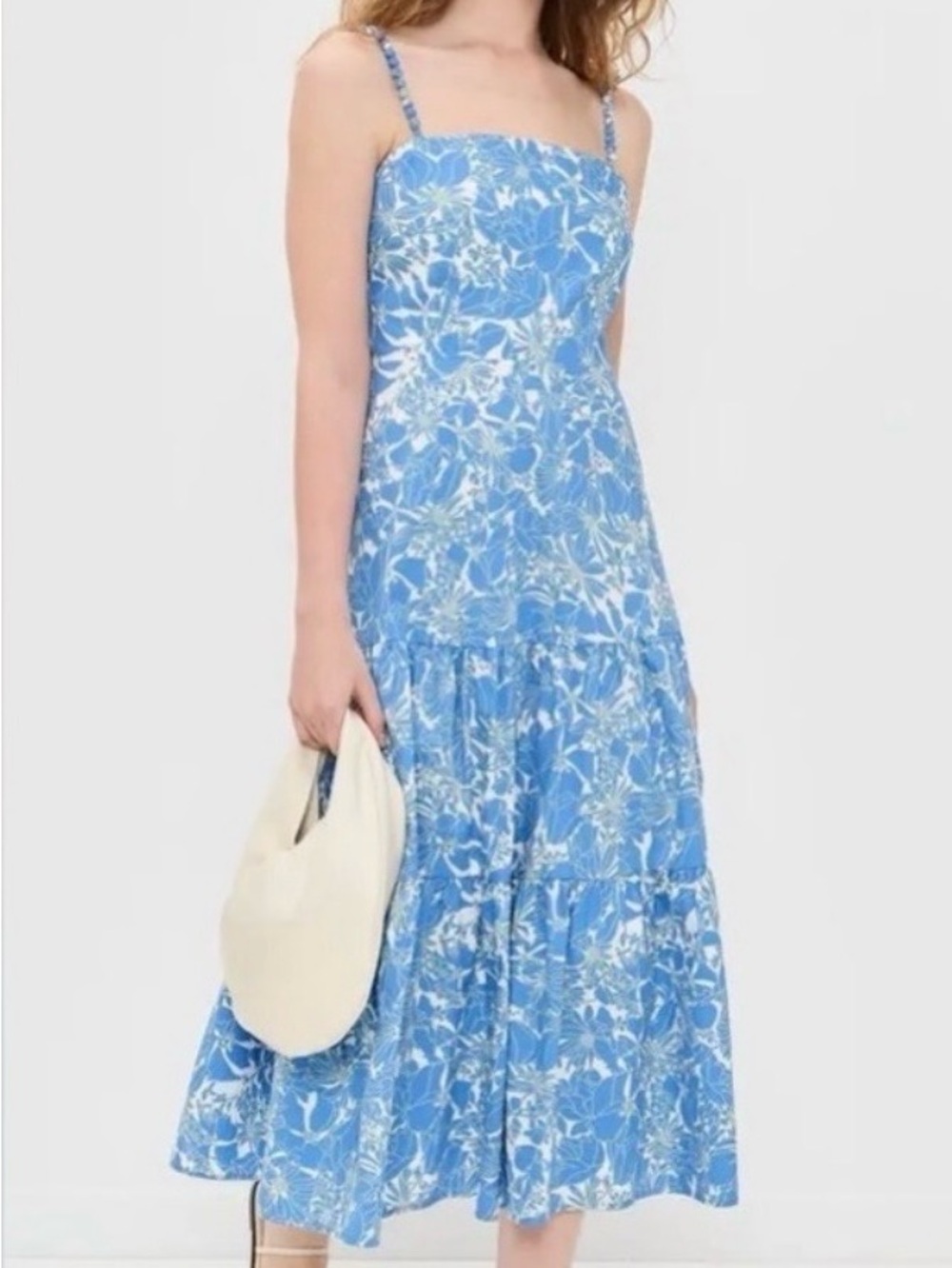 O.P.T Dagney Cotton Midi Blue & White Floral Dress with Spaghetti Straps, SZ 10